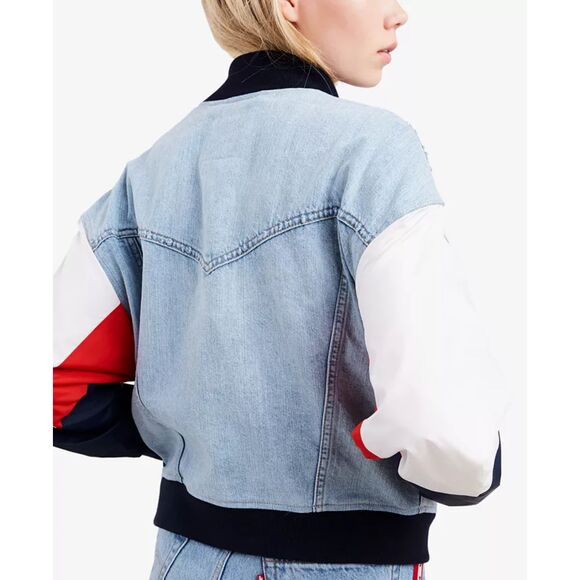 LEVI'S Premium Denim Bomber Blue/Red/White Jacket Snap Up Womens Small RARE 90s - Picture 2 of 16
